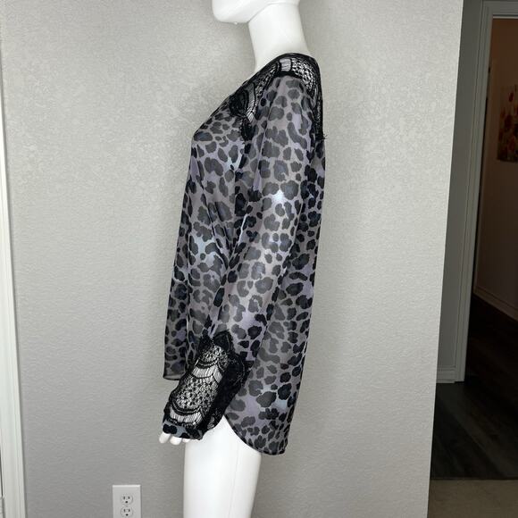 Hale Bob Top Size M Top Leopard Print Chiffon Lace Button Up Sheer Blouse - Picture 3 of 7